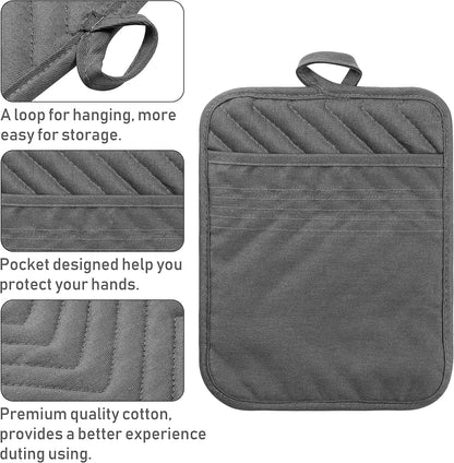 5Pack Pocket Pot Holders Cotton Heat Resistant Potholder Multipurpose Hot Pads Machine Washable Oven Mitts Cooking Pads Bulk for Daily Kitchen Baking and Cooking 8.9 x 6.9 Inch Grey
