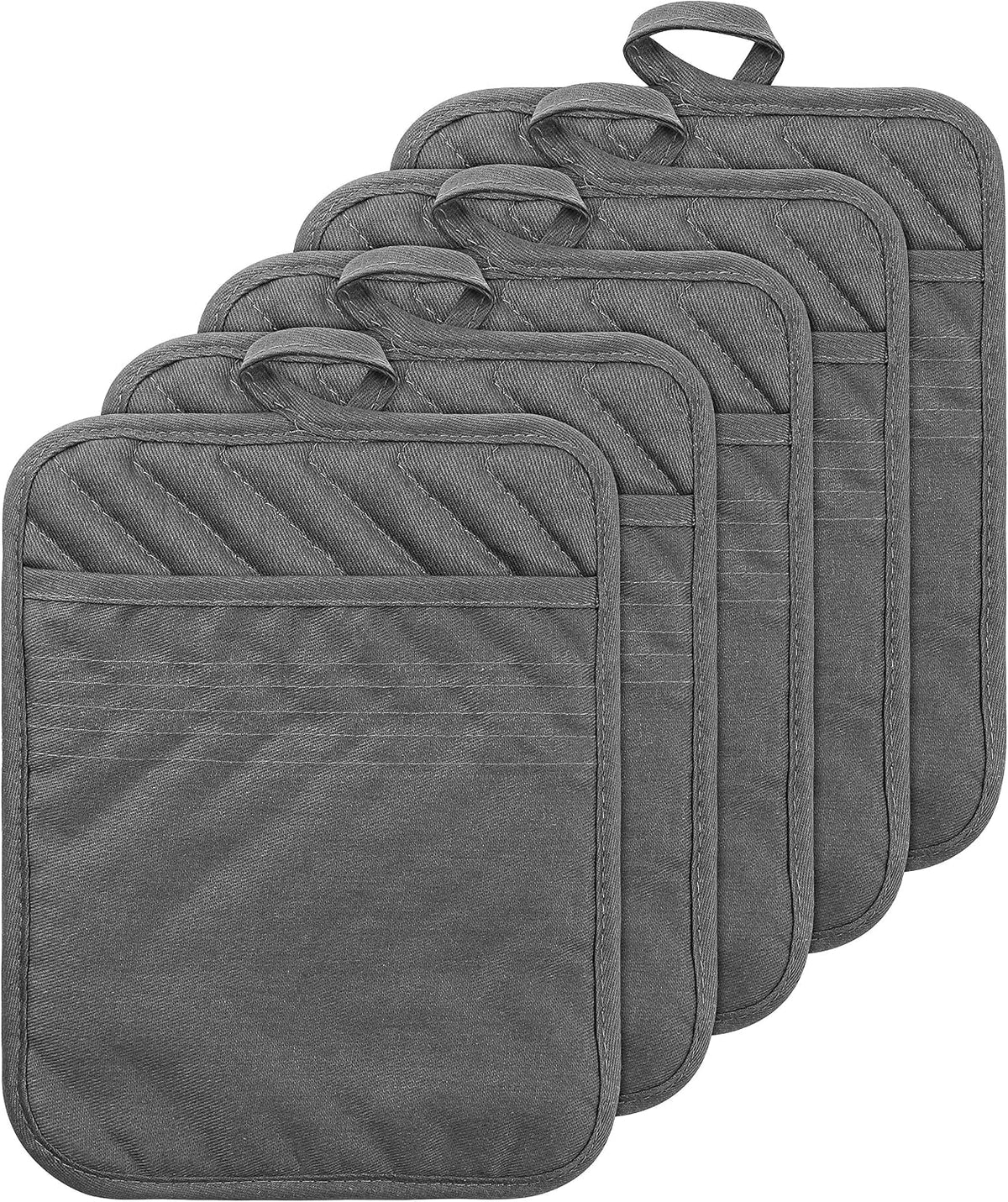 5Pack Pocket Pot Holders Cotton Heat Resistant Potholder Multipurpose Hot Pads Machine Washable Oven Mitts Cooking Pads Bulk for Daily Kitchen Baking and Cooking 8.9 x 6.9 Inch Grey