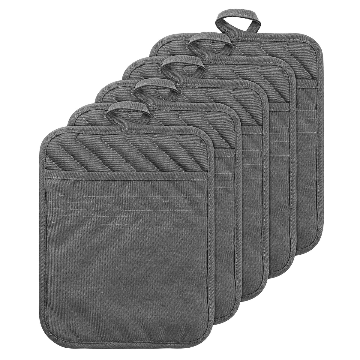 5Pack Pocket Pot Holders Cotton Heat Resistant Potholder Multipurpose Hot Pads Machine Washable Oven Mitts Cooking Pads Bulk for Daily Kitchen Baking and Cooking 8.9 x 6.9 Inch Grey
