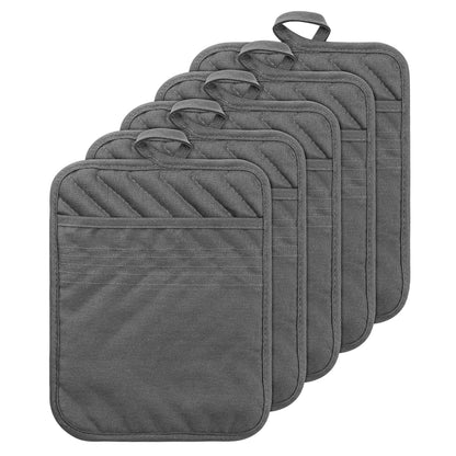 5Pack Pocket Pot Holders Cotton Heat Resistant Potholder Multipurpose Hot Pads Machine Washable Oven Mitts Cooking Pads Bulk for Daily Kitchen Baking and Cooking 8.9 x 6.9 Inch Grey