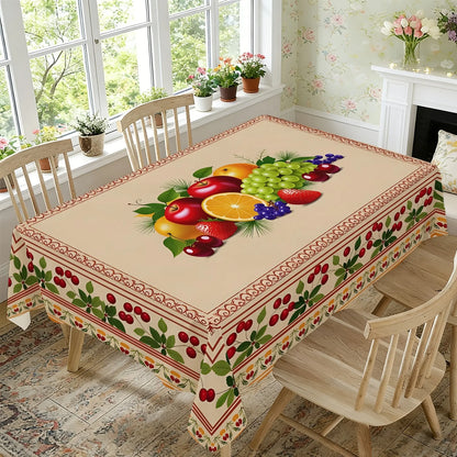 2D Flat Party Tablecloth 1pc, Polyester Material, Fruit Pattern, Bright Square Tablecloth, Cherry Border, Fall Dining Tablecloth
