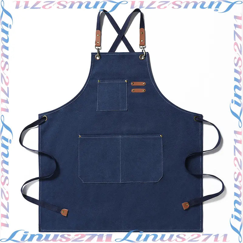 Cotton Canvas Cross Back Work Apron Leather Adjustable Strap Multi Pocket Oil Resistant Kitchen Coffee Shop Gardening Artist Unisex Custom Logo Blank Apron