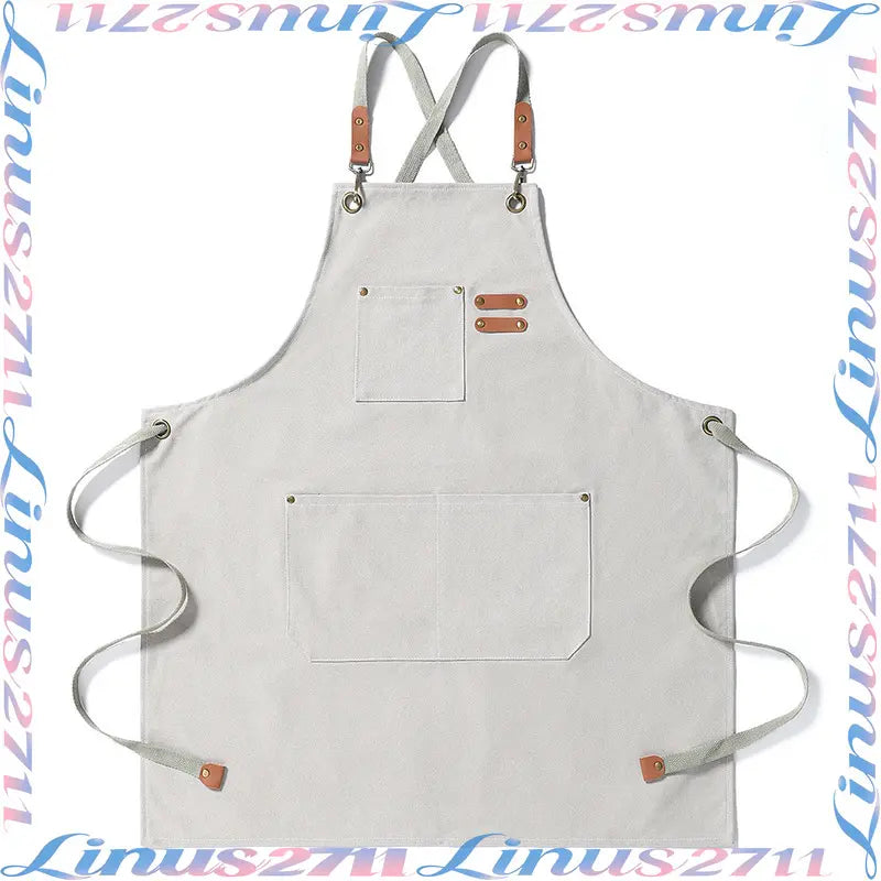 Cotton Canvas Cross Back Work Apron Leather Adjustable Strap Multi Pocket Oil Resistant Kitchen Coffee Shop Gardening Artist Unisex Custom Logo Blank Apron