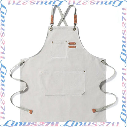 Cotton Canvas Cross Back Work Apron Leather Adjustable Strap Multi Pocket Oil Resistant Kitchen Coffee Shop Gardening Artist Unisex Custom Logo Blank Apron