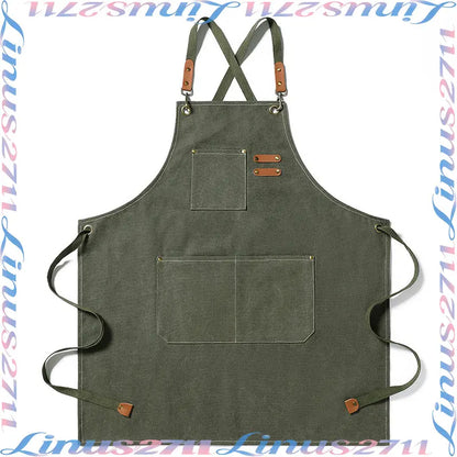 Cotton Canvas Cross Back Work Apron Leather Adjustable Strap Multi Pocket Oil Resistant Kitchen Coffee Shop Gardening Artist Unisex Custom Logo Blank Apron