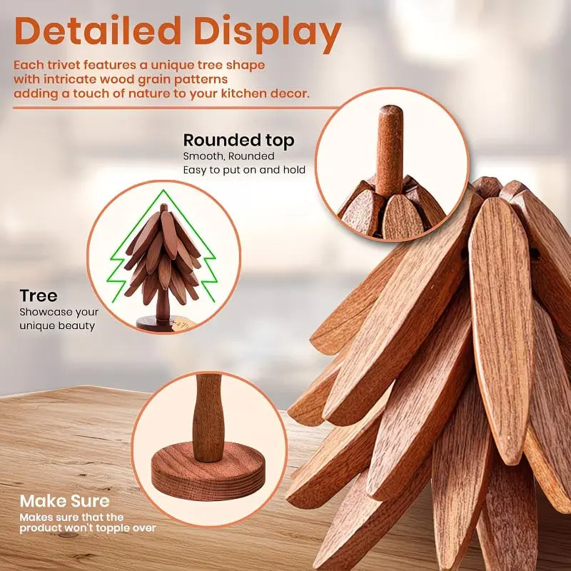 Tree-Shaped Wooden Heat Insulating Pad Set, 4 Walnut Pads + 1 Stand, Foldable Design, High-Temperature Kitchen Mat, Ideal for Hot Dishes, Pots, Bowls, Teapots, Wooden Trivet Set