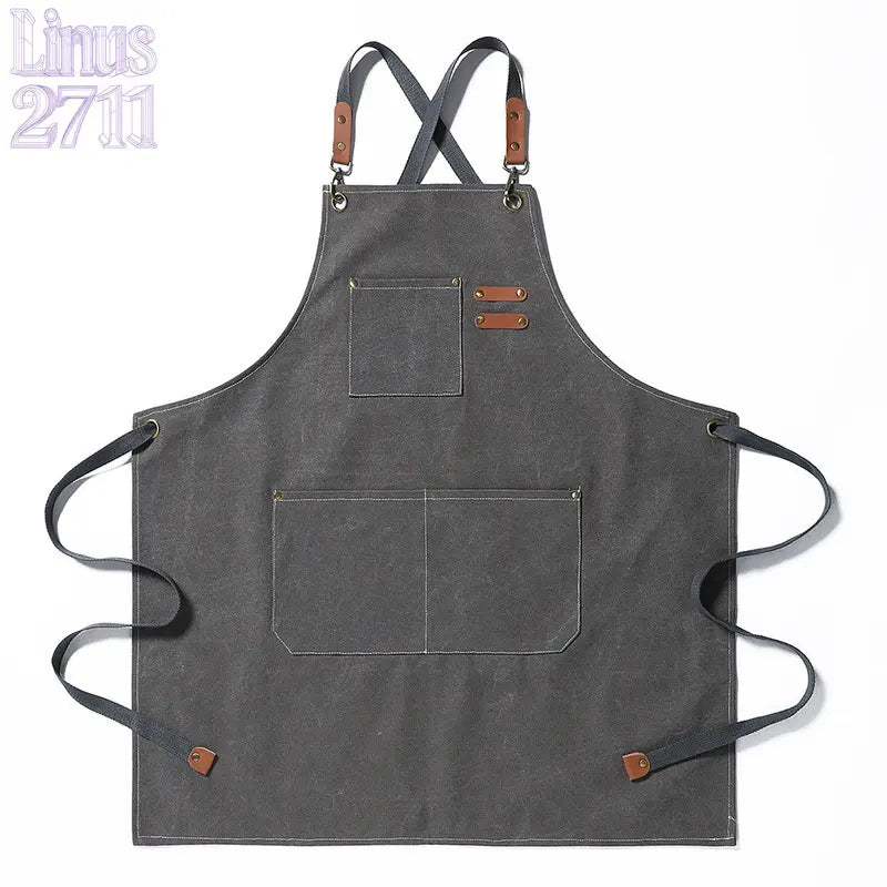 Cotton Canvas Cross Back Work Apron Leather Adjustable Strap Multi Pocket Oil Resistant Kitchen Coffee Shop Gardening Artist Unisex Custom Logo Blank Apron