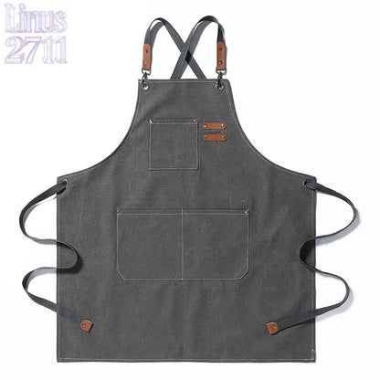Cotton Canvas Cross Back Work Apron Leather Adjustable Strap Multi Pocket Oil Resistant Kitchen Coffee Shop Gardening Artist Unisex Custom Logo Blank Apron