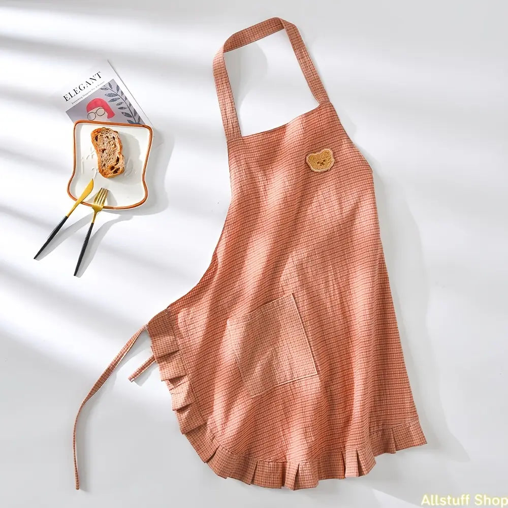[Ruffled Checkered Halter Neck Apron] 1pc New Style Bear Pocket Sleeveless Waist Apron, Fashionable Workwear for Cafe Service Staff, Ideal for Kitchen Chores, Baking (Sports & Outdoor Use Compatible)