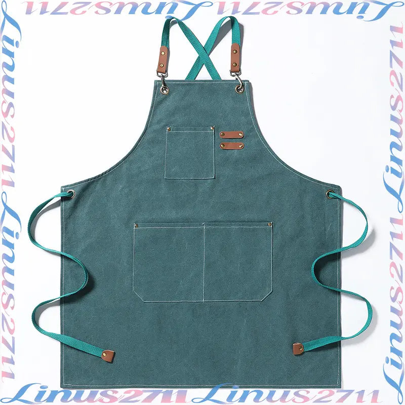 Cotton Canvas Cross Back Work Apron Leather Adjustable Strap Multi Pocket Oil Resistant Kitchen Coffee Shop Gardening Artist Unisex Custom Logo Blank Apron