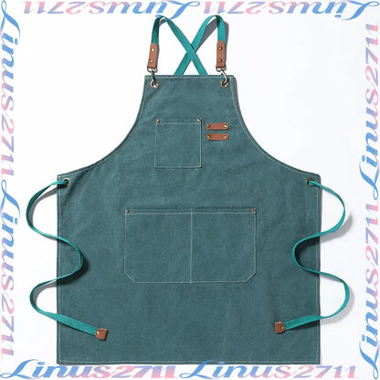 Cotton Canvas Cross Back Work Apron Leather Adjustable Strap Multi Pocket Oil Resistant Kitchen Coffee Shop Gardening Artist Unisex Custom Logo Blank Apron