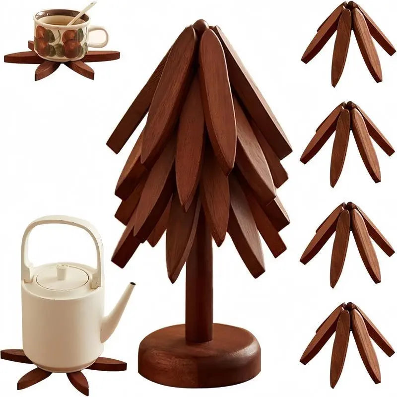 Tree-Shaped Wooden Heat Insulating Pad Set, 4 Walnut Pads + 1 Stand, Foldable Design, High-Temperature Kitchen Mat, Ideal for Hot Dishes, Pots, Bowls, Teapots, Wooden Trivet Set