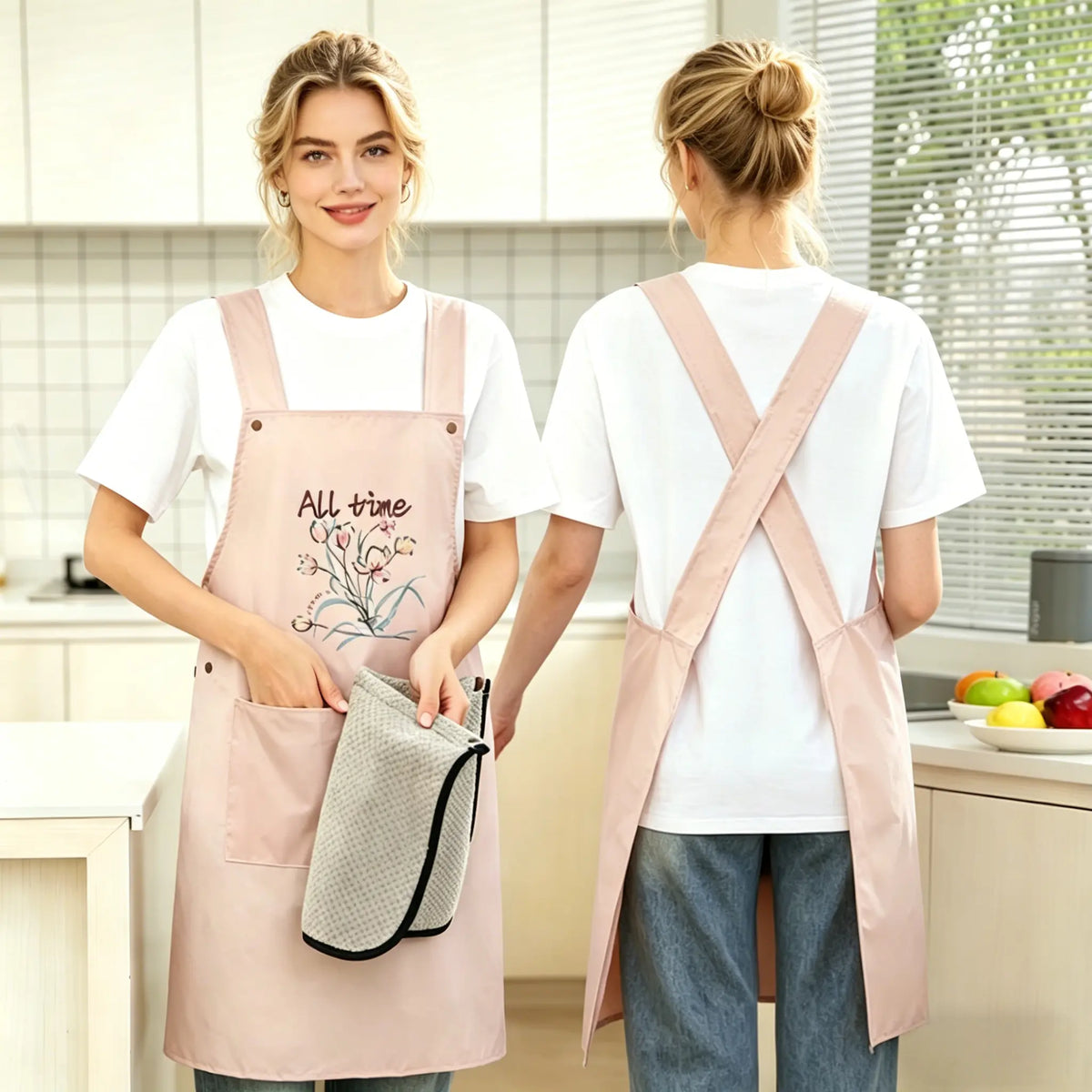 Middle Size Kitchen Apron With Towel, Dirt Resistant ,Waterproof Apron,Floral Print,for Kitchen,Garden,Flower Shop,Aquatic ects,Gift for Grandma,Mom,Girlfriend