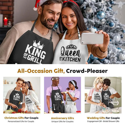 2Pcs King & Queen Couple Apron Set, Printed Kitchen Cooking Aprons, Adjustable Neck Strap Aprons with Pockets, Oil-Proof Workwear for Home, Restaurant & Grilling