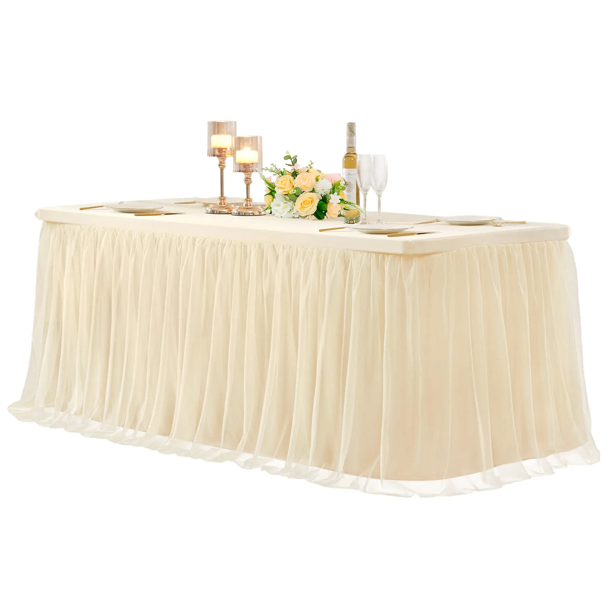 Smooth Polyester Fitted Tutu Skirt Tablecloth for Rectangle Tables - Party Centerpieces, Classic Boho Wedding Theme Event Covering, Multiple Uses Home Decor Fitted Table Cover Overlay, Sohochic