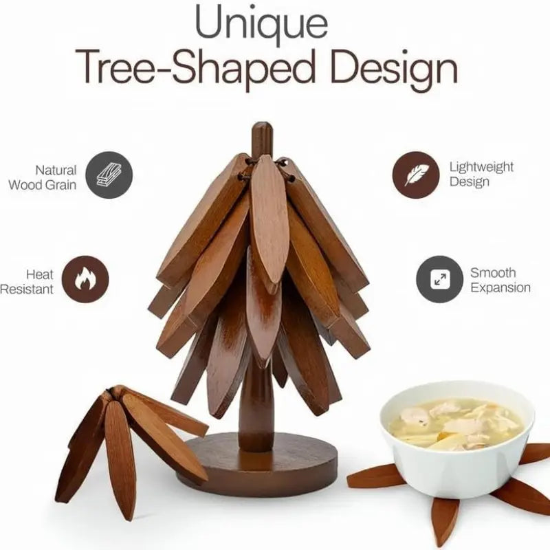 Tree-Shaped Wooden Heat Insulating Pad Set, 4 Walnut Pads + 1 Stand, Foldable Design, High-Temperature Kitchen Mat, Ideal for Hot Dishes, Pots, Bowls, Teapots, Wooden Trivet Set