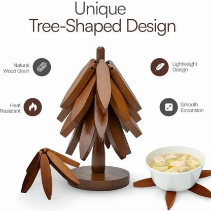 Tree-Shaped Wooden Heat Insulating Pad Set, 4 Walnut Pads + 1 Stand, Foldable Design, High-Temperature Kitchen Mat, Ideal for Hot Dishes, Pots, Bowls, Teapots, Wooden Trivet Set