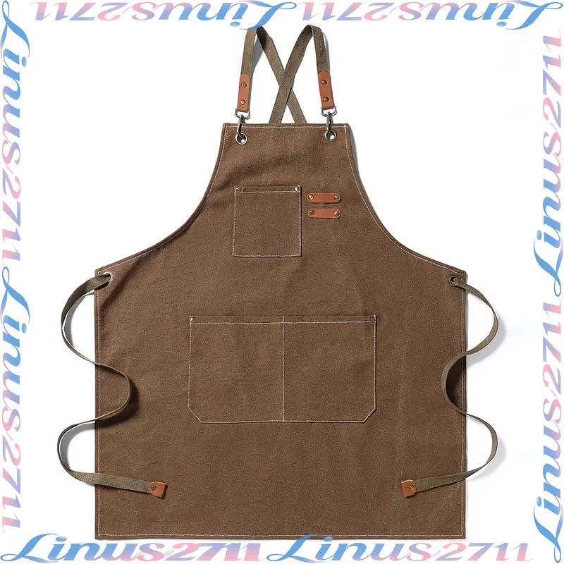 Cotton Canvas Cross Back Work Apron Leather Adjustable Strap Multi Pocket Oil Resistant Kitchen Coffee Shop Gardening Artist Unisex Custom Logo Blank Apron