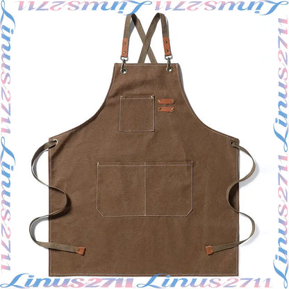 Cotton Canvas Cross Back Work Apron Leather Adjustable Strap Multi Pocket Oil Resistant Kitchen Coffee Shop Gardening Artist Unisex Custom Logo Blank Apron