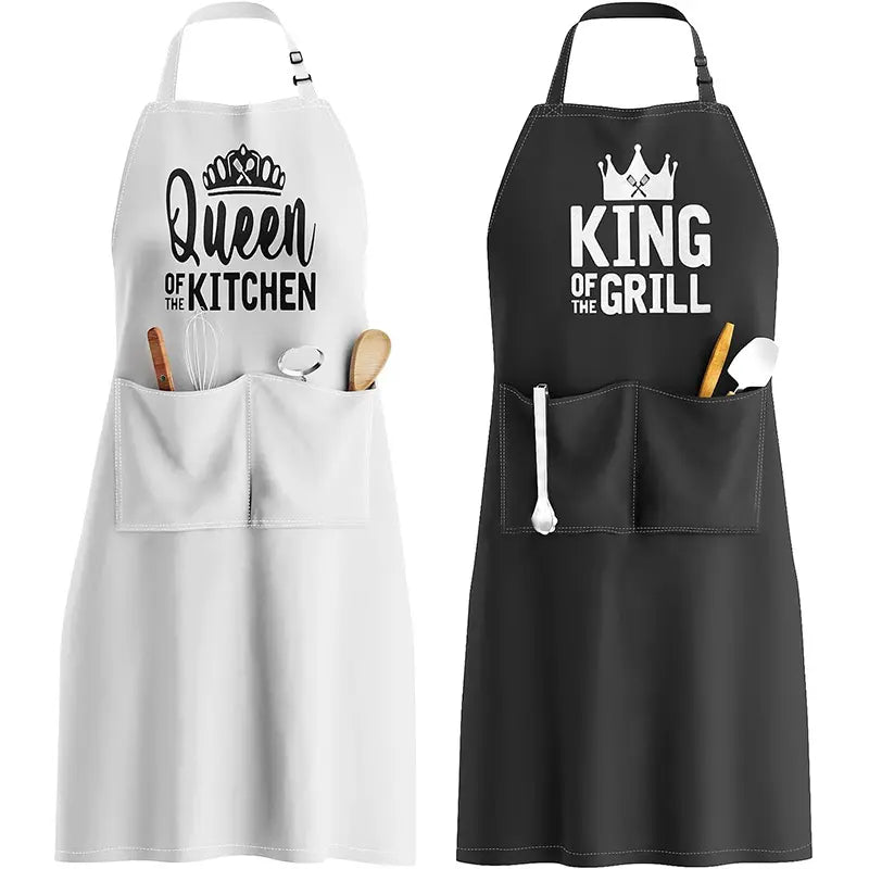 2Pcs King & Queen Couple Apron Set, Printed Kitchen Cooking Aprons, Adjustable Neck Strap Aprons with Pockets, Oil-Proof Workwear for Home, Restaurant & Grilling