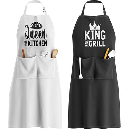 2Pcs King & Queen Couple Apron Set, Printed Kitchen Cooking Aprons, Adjustable Neck Strap Aprons with Pockets, Oil-Proof Workwear for Home, Restaurant & Grilling