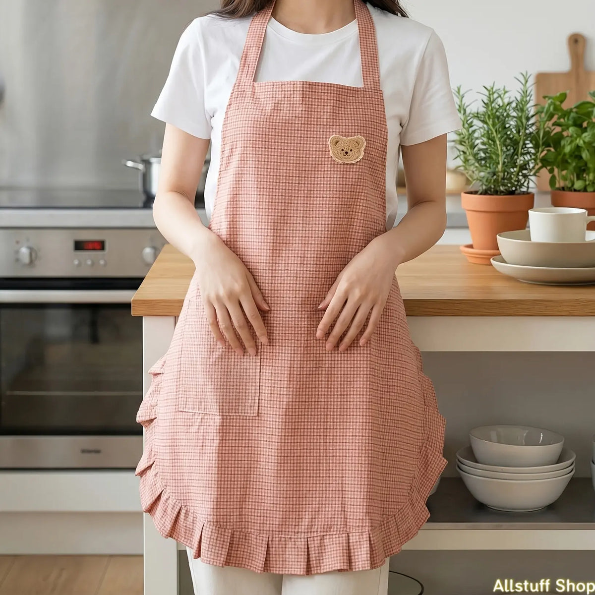 [Ruffled Checkered Halter Neck Apron] 1pc New Style Bear Pocket Sleeveless Waist Apron, Fashionable Workwear for Cafe Service Staff, Ideal for Kitchen Chores, Baking (Sports & Outdoor Use Compatible)