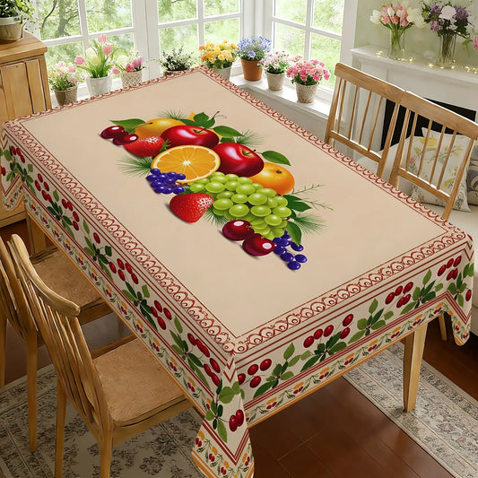 2D Flat Party Tablecloth 1pc, Polyester Material, Fruit Pattern, Bright Square Tablecloth, Cherry Border, Fall Dining Tablecloth