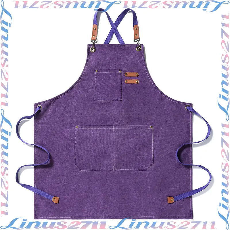 Cotton Canvas Cross Back Work Apron Leather Adjustable Strap Multi Pocket Oil Resistant Kitchen Coffee Shop Gardening Artist Unisex Custom Logo Blank Apron