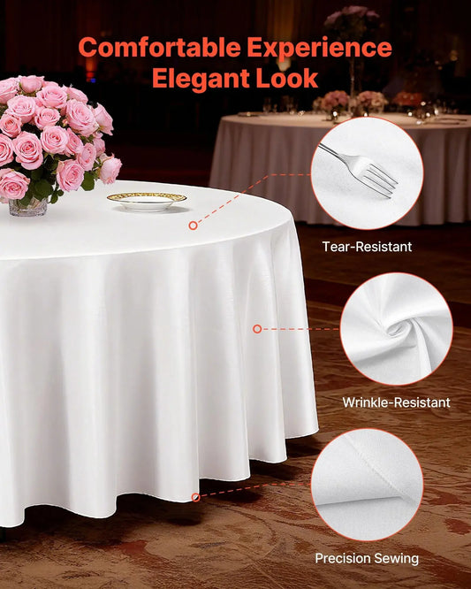 VEVOR 6-Pack Classic White Elegant Round Polyester Tablecloth Set, 120" Dia., Stain-Resistant, Wrinkle-Resistant, Machine Washable for Christmas, Holiday, Barbecues Decor