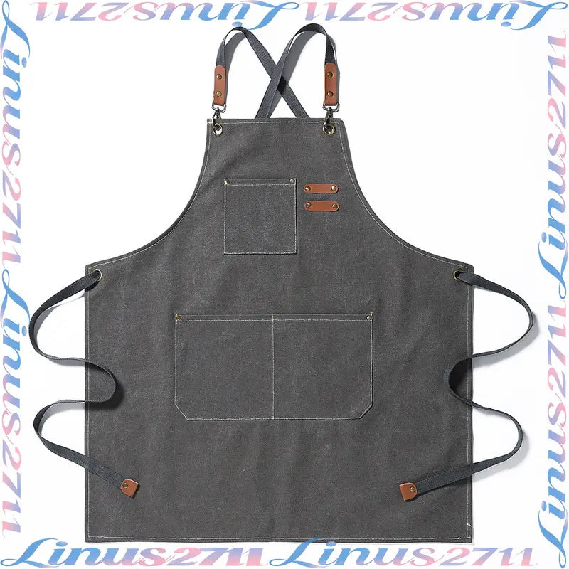 Cotton Canvas Cross Back Work Apron Leather Adjustable Strap Multi Pocket Oil Resistant Kitchen Coffee Shop Gardening Artist Unisex Custom Logo Blank Apron