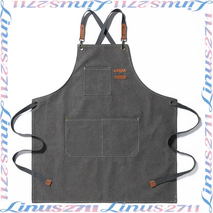 Cotton Canvas Cross Back Work Apron Leather Adjustable Strap Multi Pocket Oil Resistant Kitchen Coffee Shop Gardening Artist Unisex Custom Logo Blank Apron